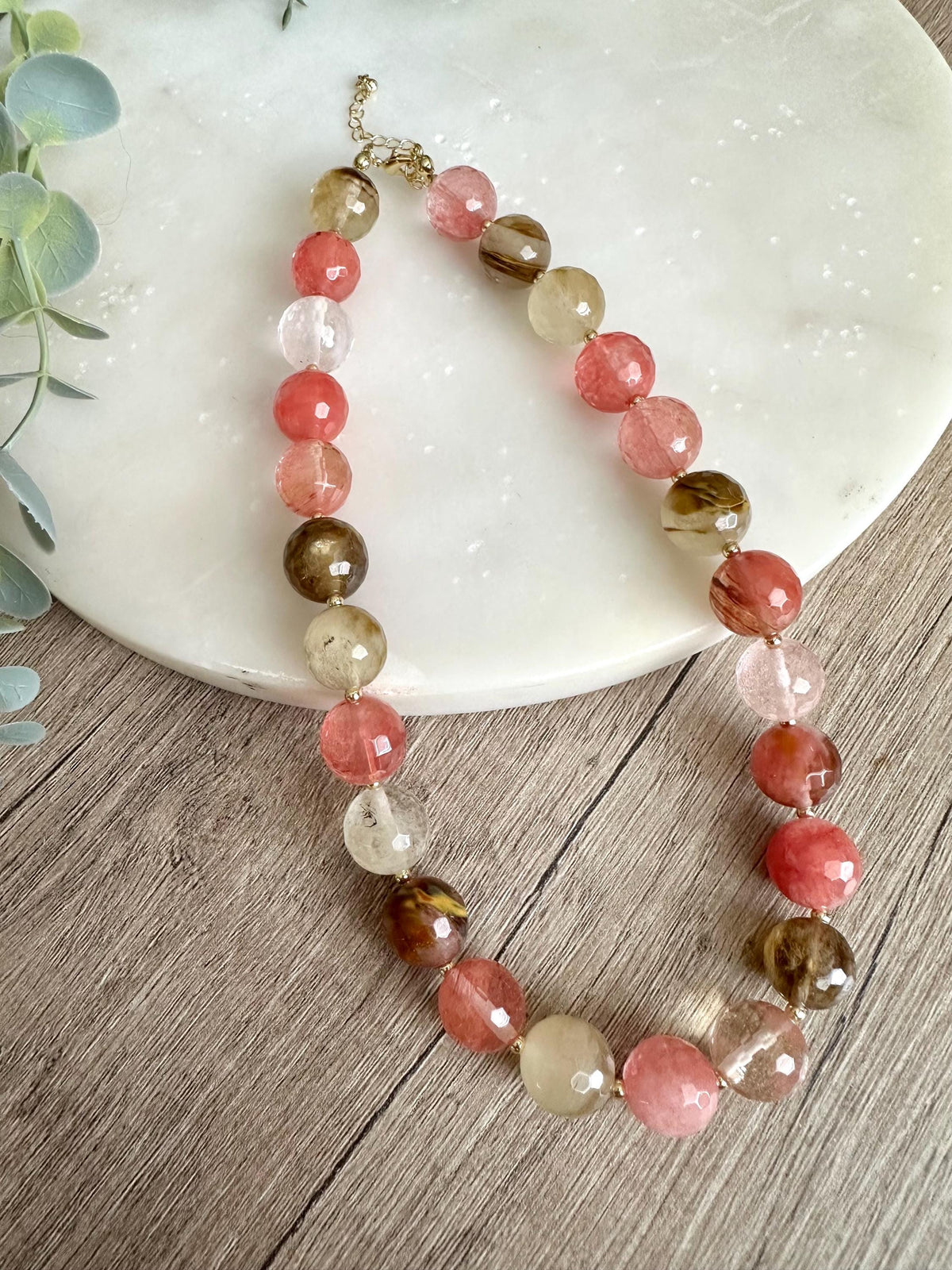 Cherry Quartz Necklace 14mm Faceted Beads, Pink Statement Gemstone Necklace, Gold Filled, Romantic Jewelry, Blush Tone Necklace