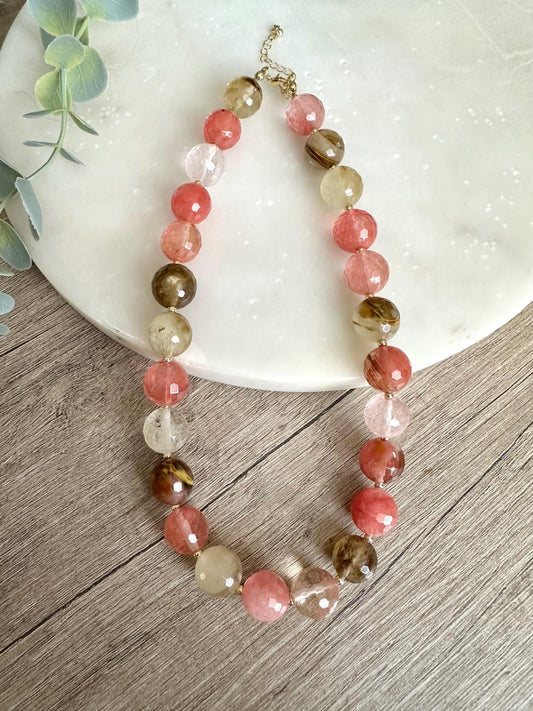 Cherry Quartz Necklace 14mm Faceted Beads, Pink Statement Gemstone Necklace, Gold Filled, Romantic Jewelry, Blush Tone Necklace