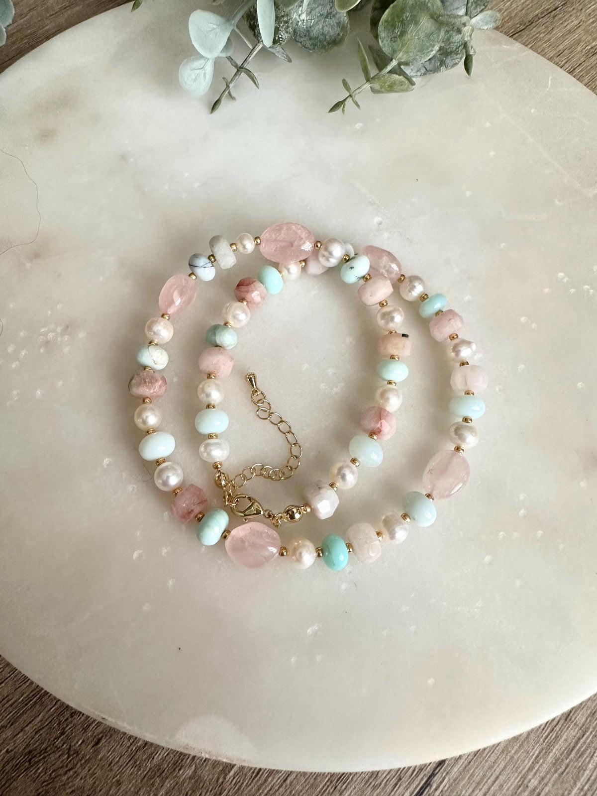 Mixed Gemstone Necklace Opal Rose Quartz Pearl, Pastel Beaded Necklace, Aqua Pink Jewelry, Gold Filled, Delicate Layering Necklace