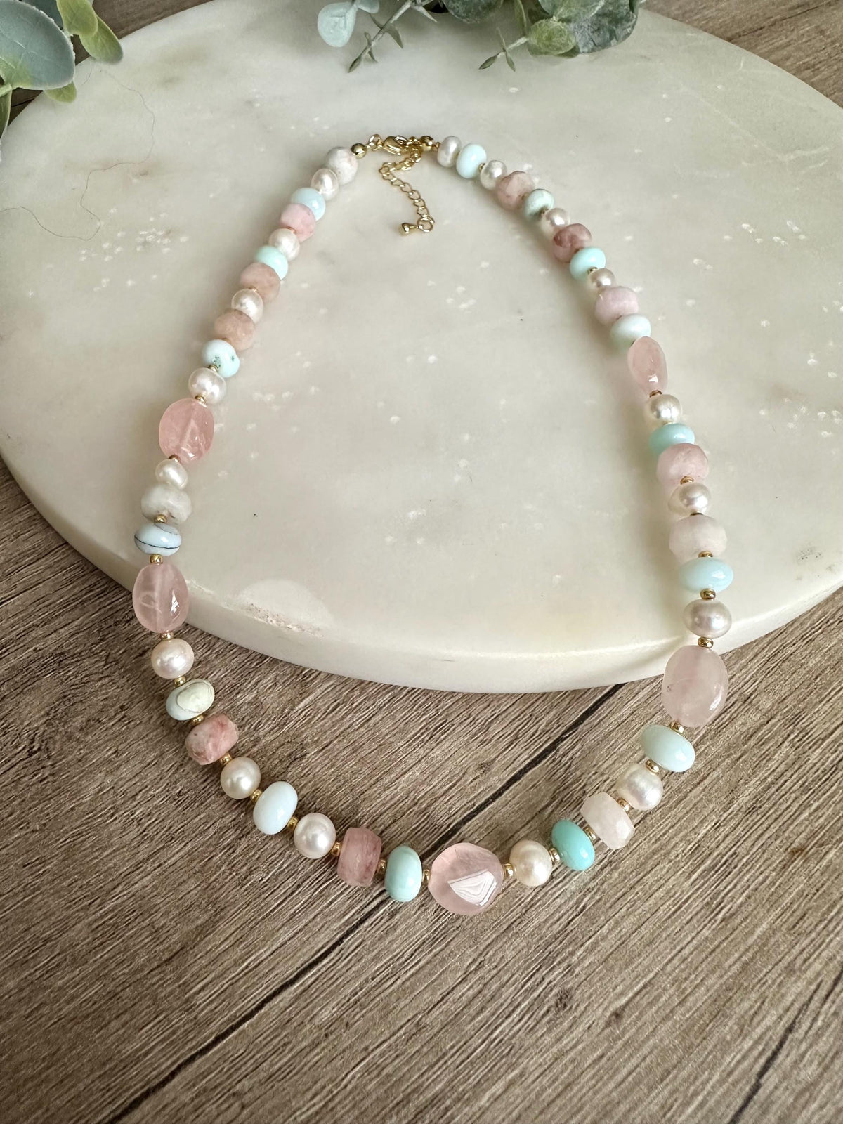 Mixed Gemstone Necklace Opal Rose Quartz Pearl, Pastel Beaded Necklace, Aqua Pink Jewelry, Gold Filled, Delicate Layering Necklace