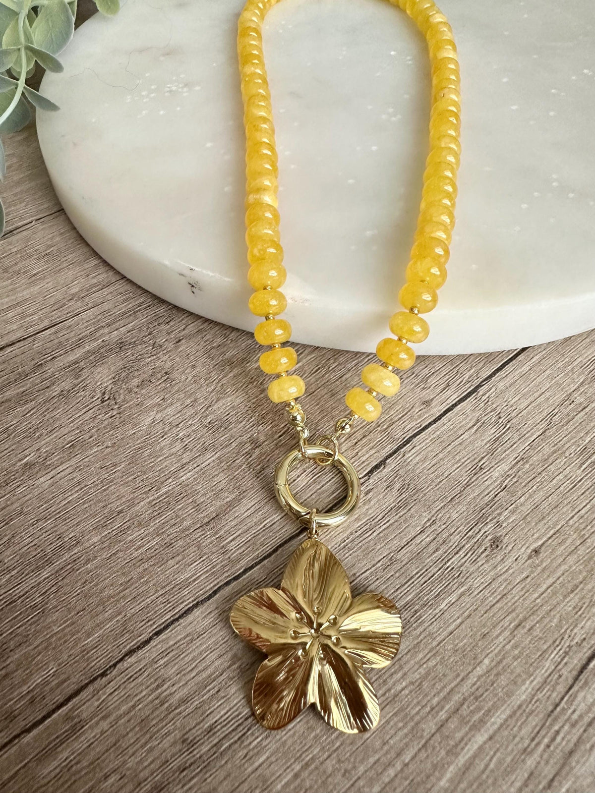 Yellow Jade Flower Pendant Necklace, 18” Beaded Statement Necklace, Gold Filled