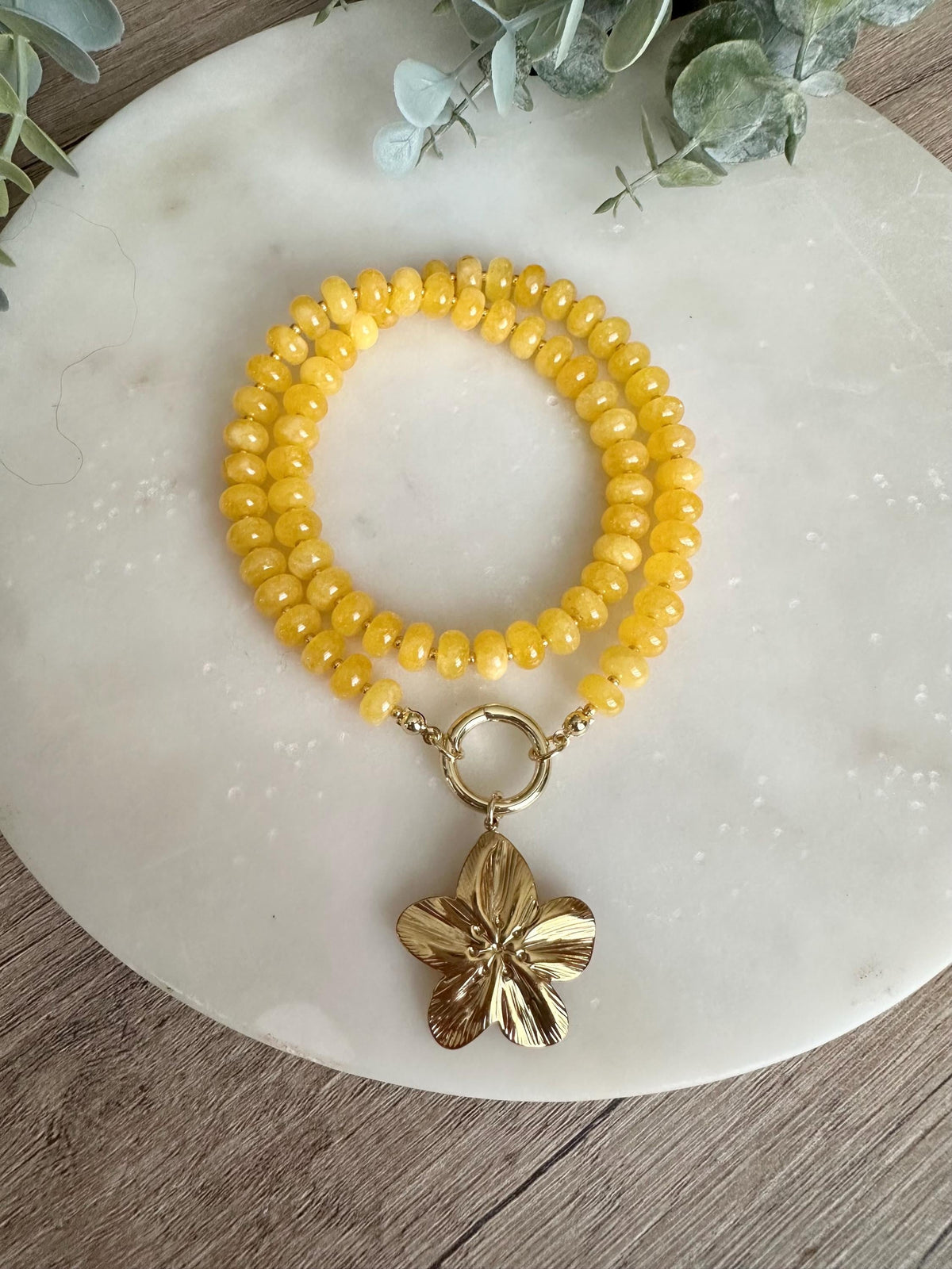 Yellow Jade Flower Pendant Necklace, 18” Beaded Statement Necklace, Gold Filled