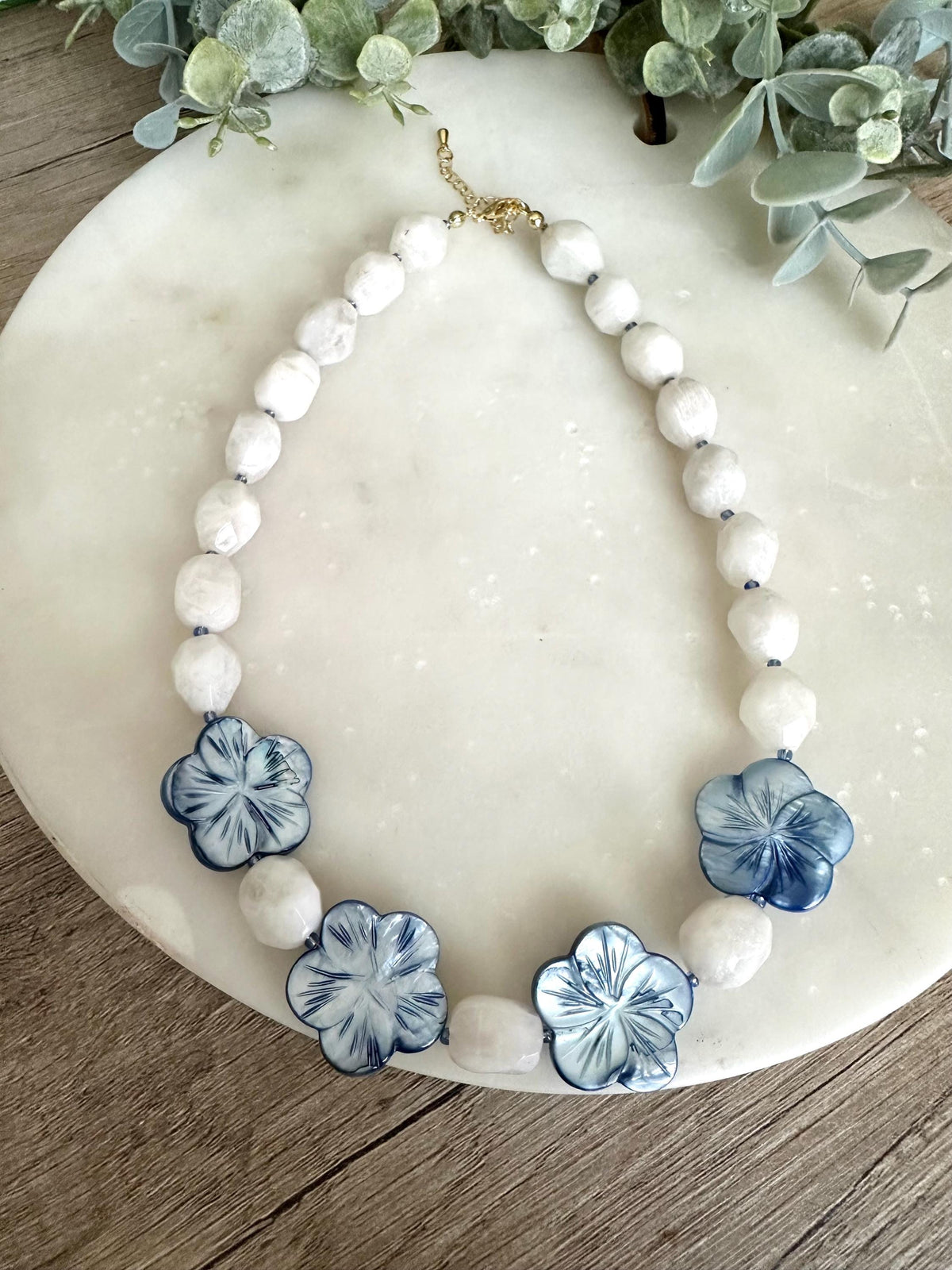 Moonstone & Blue Flower Necklace, Beaded Statement Necklace