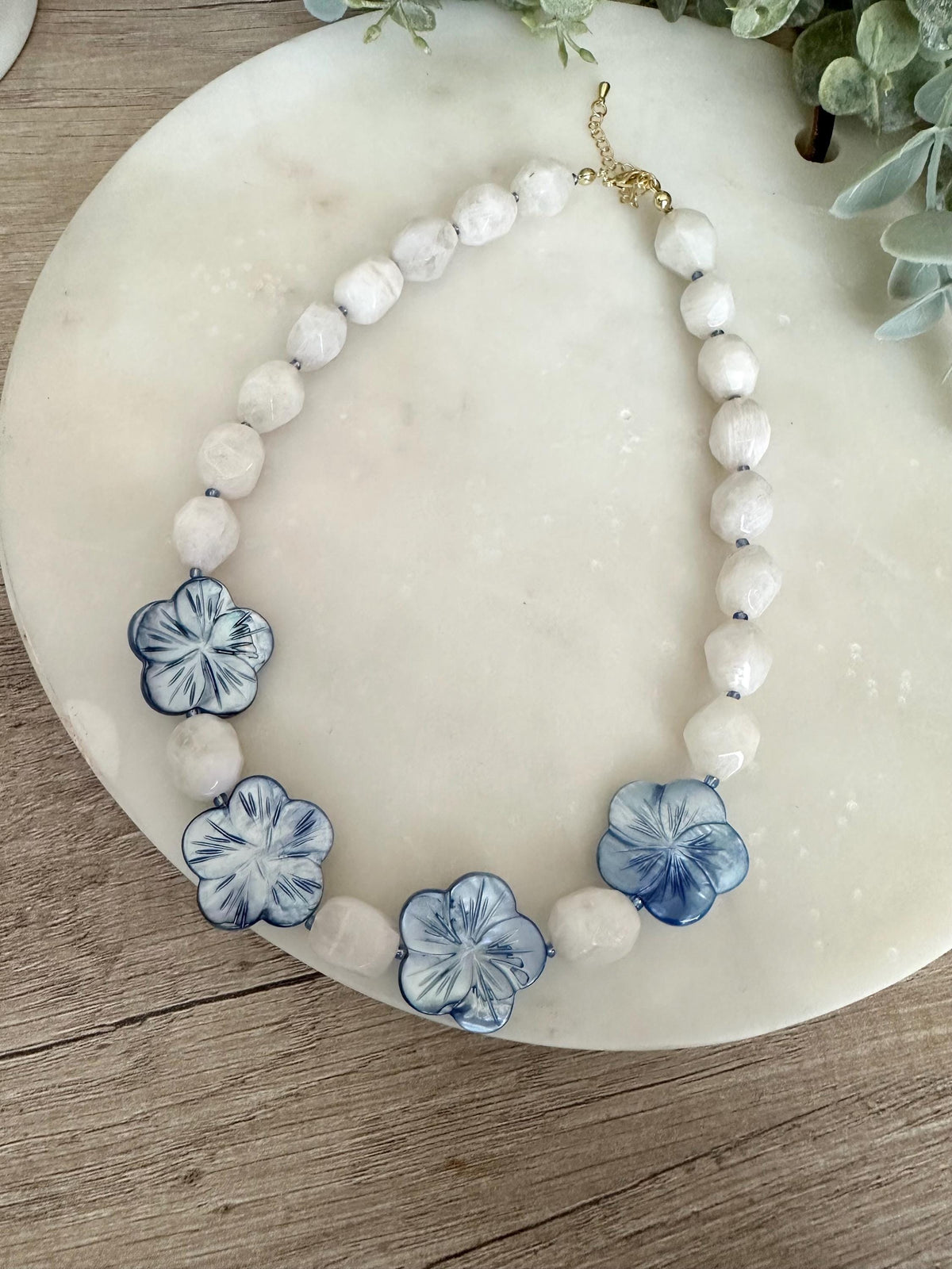 Moonstone & Blue Flower Necklace, Beaded Statement Necklace