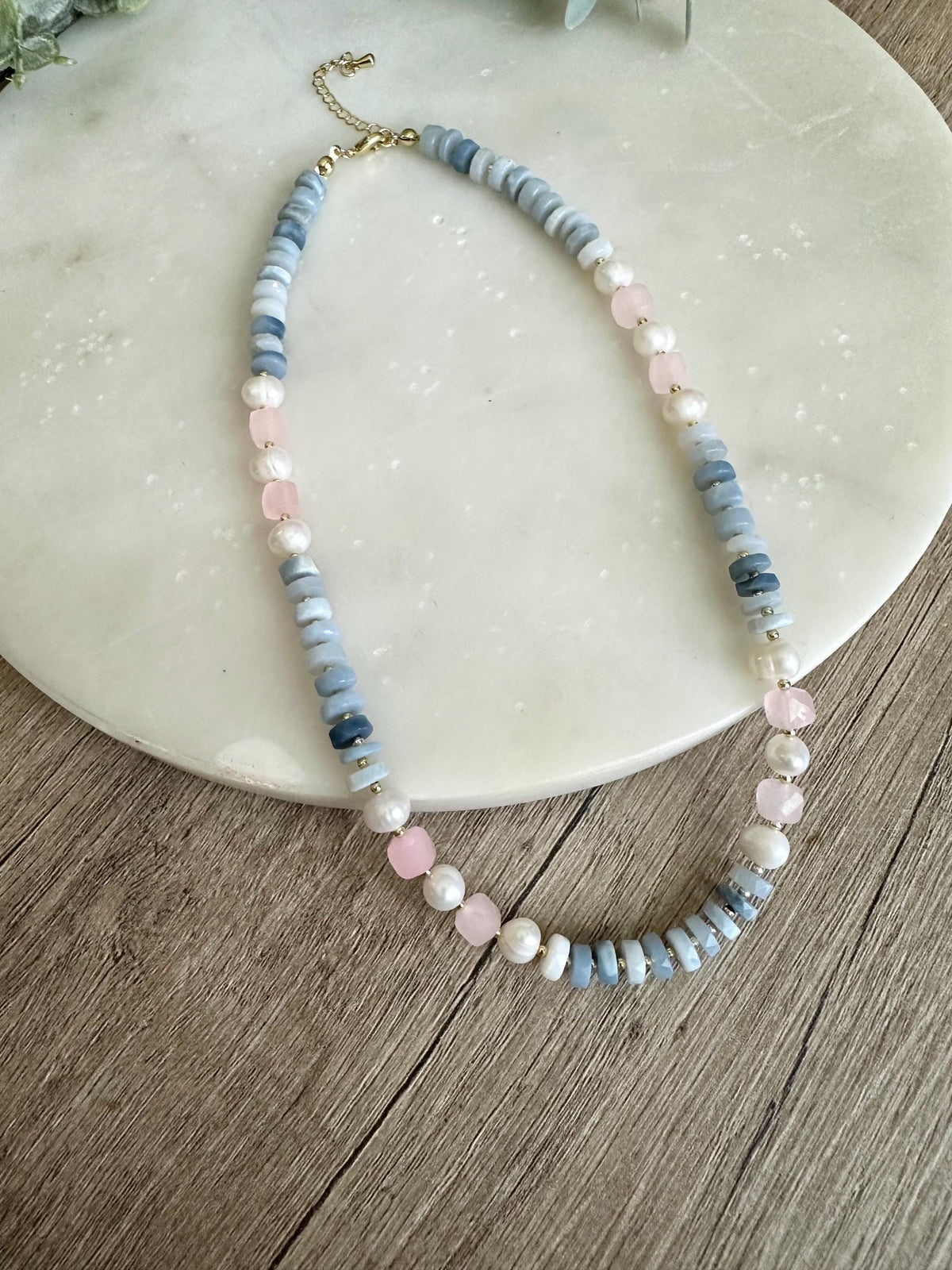 Blue Opal Heishi Freshwater Pearl Pink Jade Beaded Necklace, Gold Filled Layering Jewelry