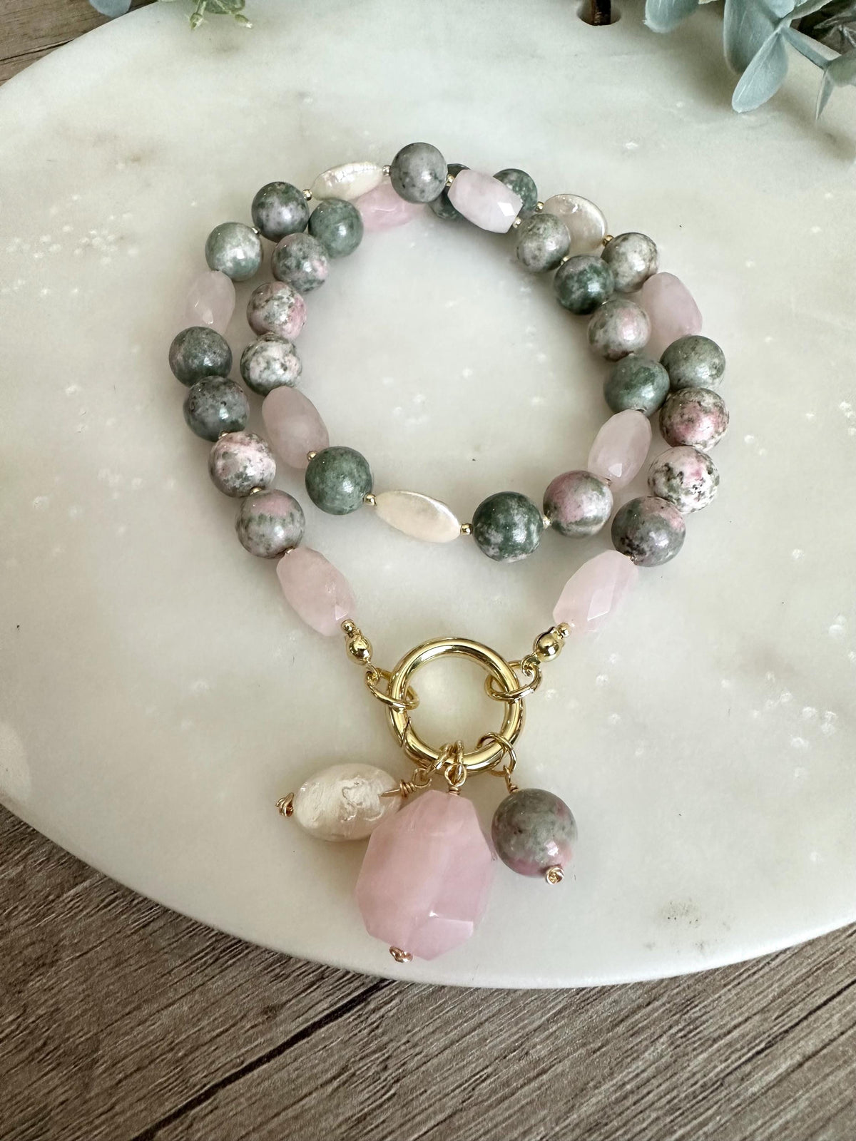 Lapis Nevada Rose Quartz Freshwater Pearl Necklace, Gold Filled Statement Pendant