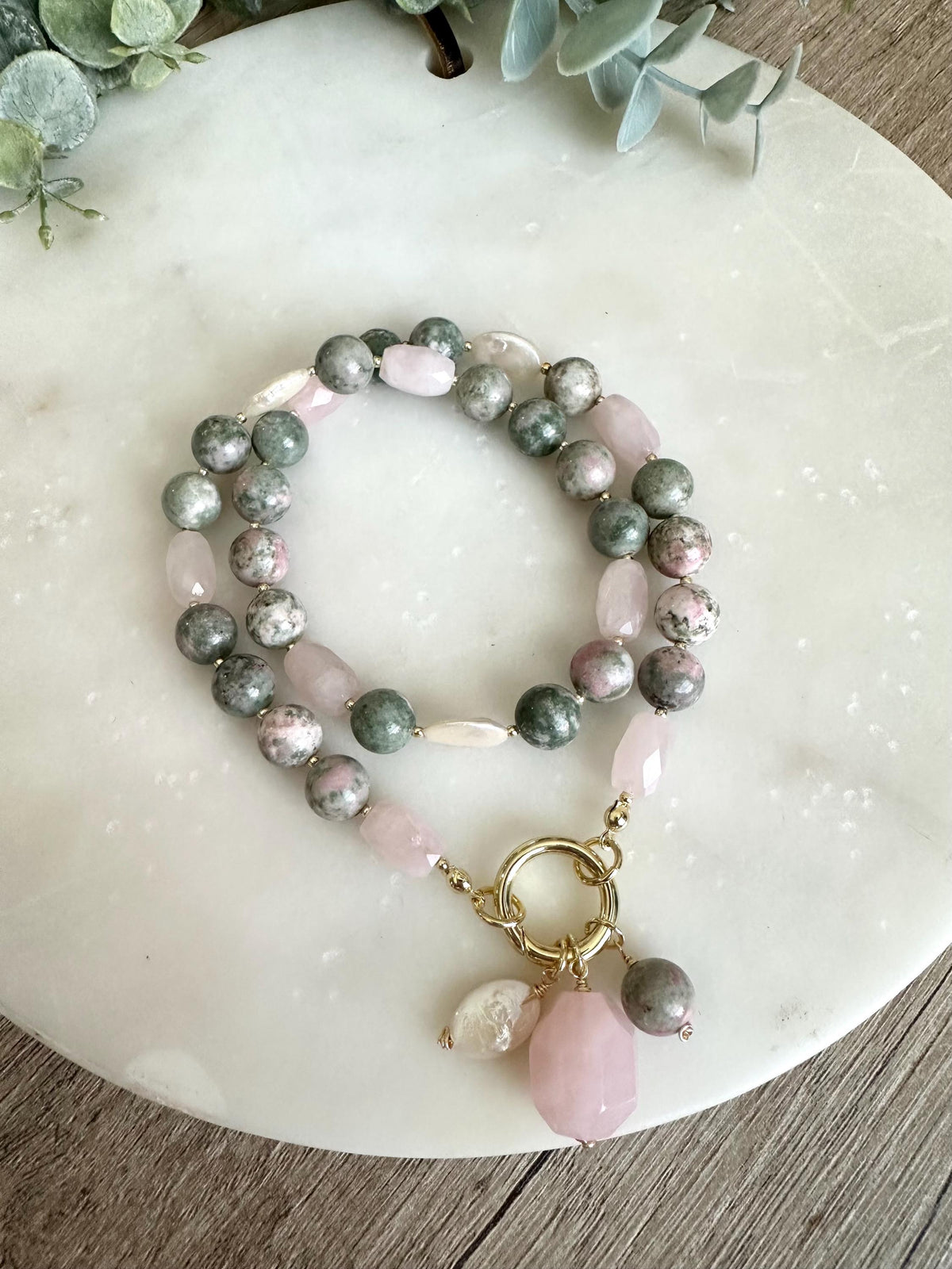 Lapis Nevada Rose Quartz Freshwater Pearl Necklace, Gold Filled Statement Pendant