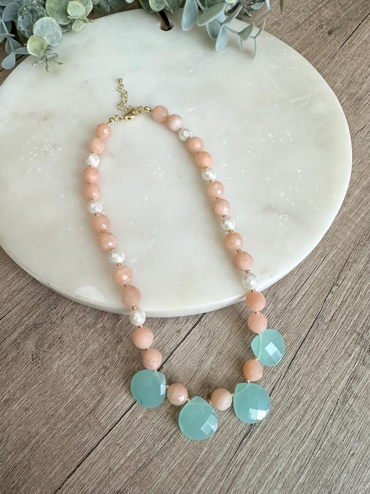 Peach Aventurine Shell Pearl Aqua Quartz Statement Necklace, Gold Filled Clasp