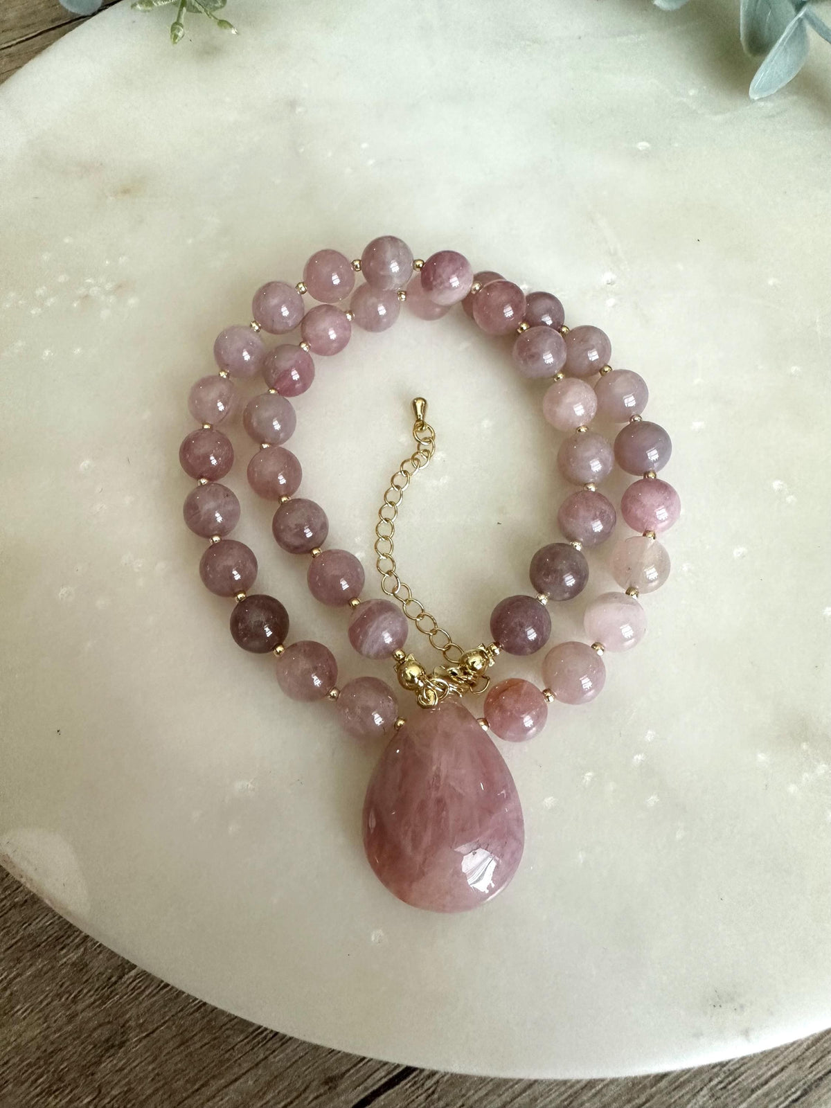 Madagascar Rose Quartz Necklace, Briolette Pendant, Gold Filled Findings