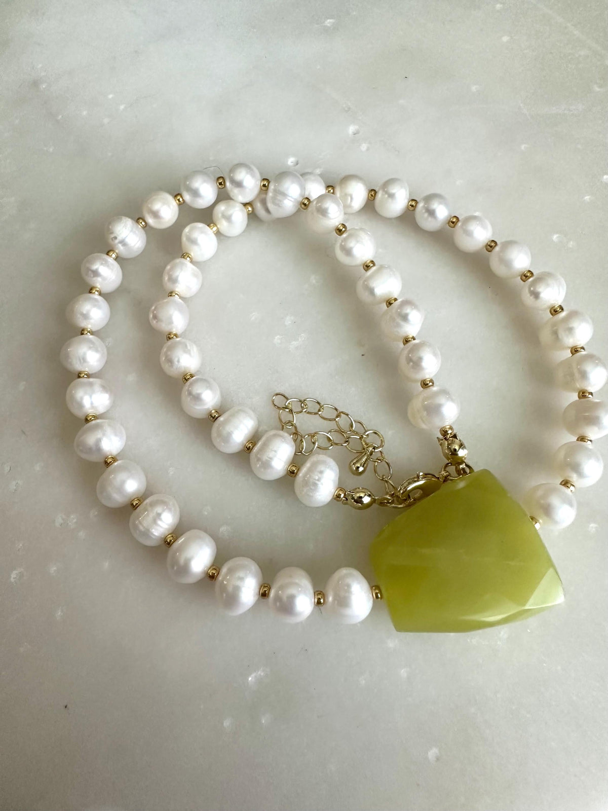 Green Jade Freshwater Pearl Statement Necklace, Gold Filled Clasp