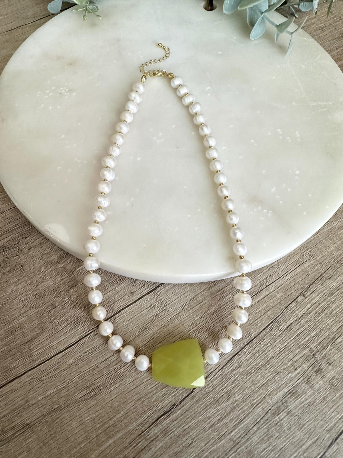 Green Jade Freshwater Pearl Statement Necklace, Gold Filled Clasp
