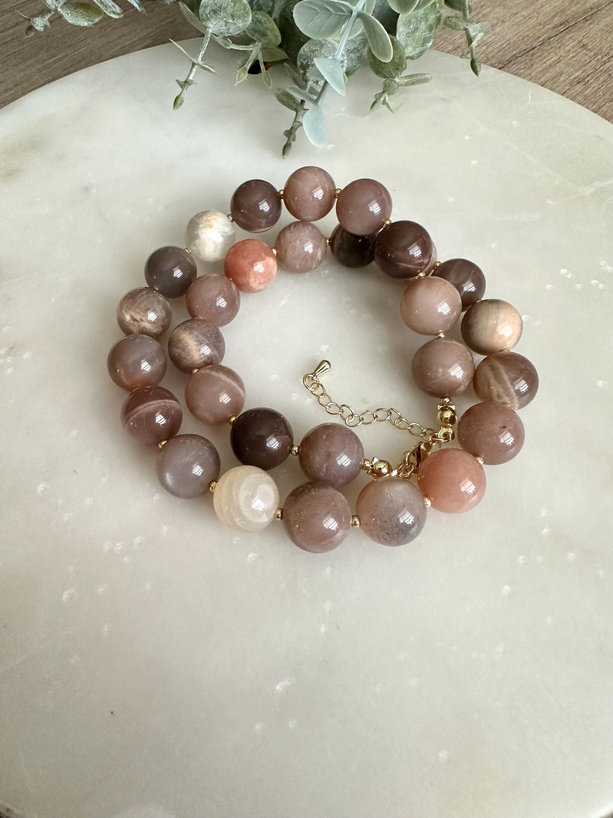 Multi Color Moonstone Necklace, 12mm Moonstone Beaded Necklace, Gold Filled Clasp, Neutral Statement Jewelry