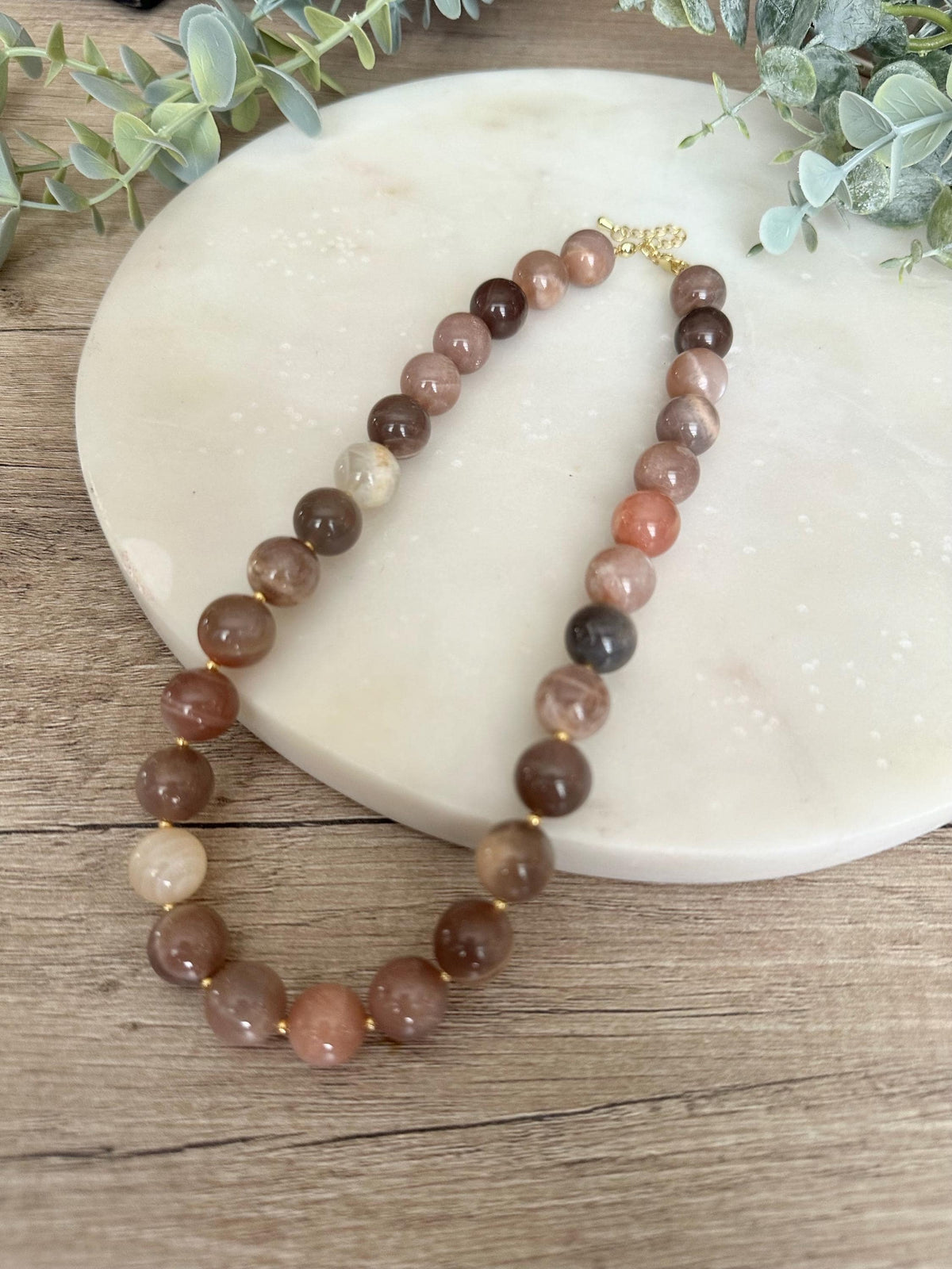 Multi Color Moonstone Necklace, 12mm Moonstone Beaded Necklace, Gold Filled Clasp, Neutral Statement Jewelry