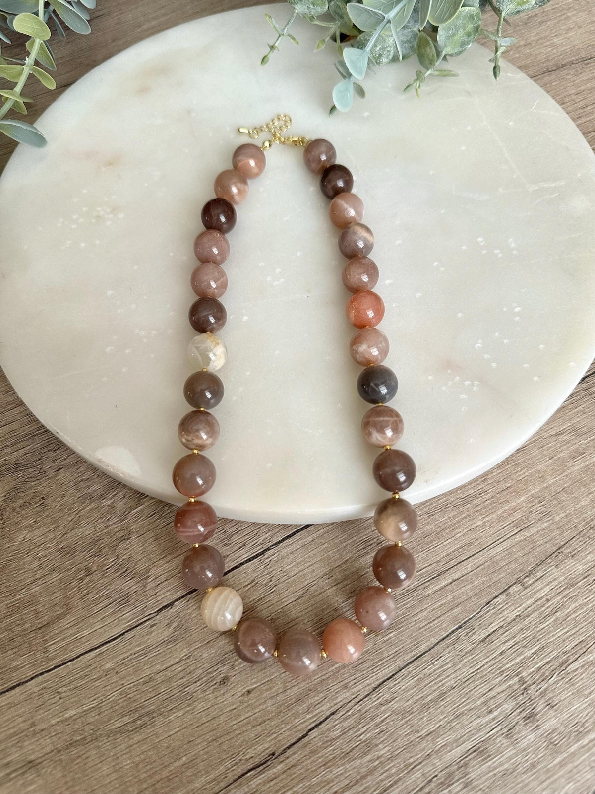 Multi Color Moonstone Necklace, 12mm Moonstone Beaded Necklace, Gold Filled Clasp, Neutral Statement Jewelry