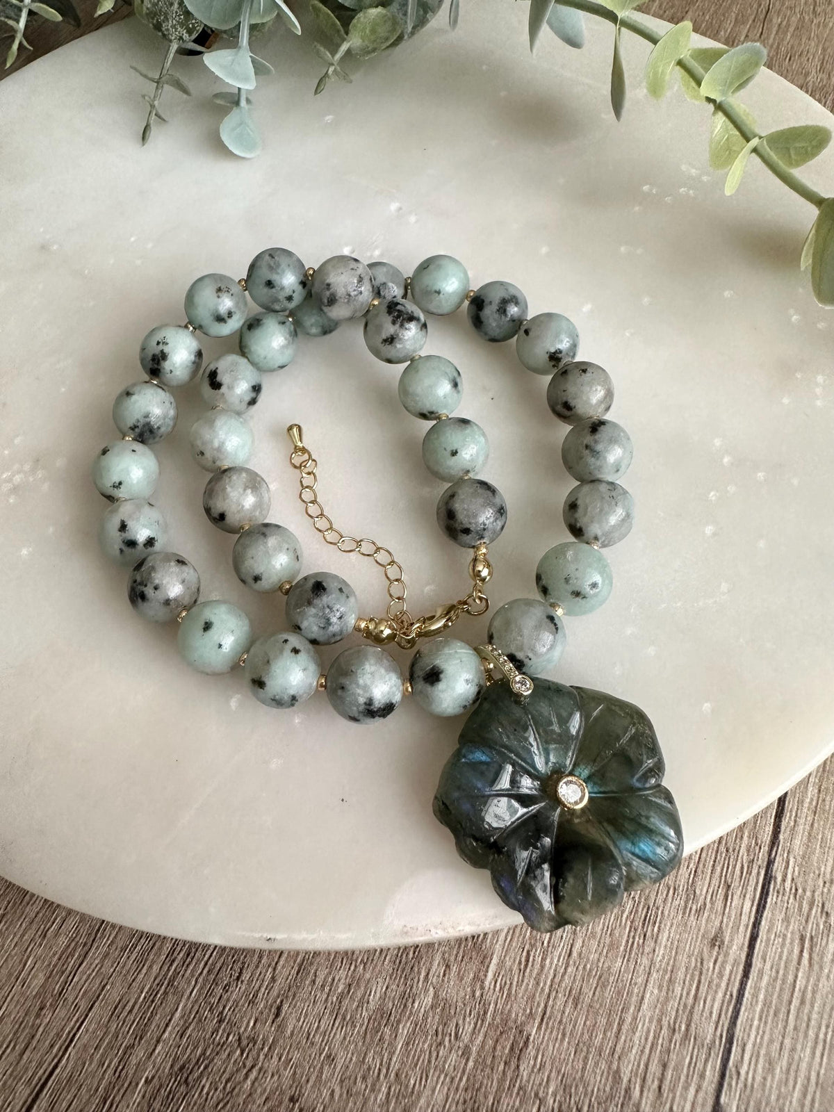Kiwi Jasper Statement Necklace with Labradorite Flower Pendant, 10mm Green Gemstone Necklace, Gold Filled