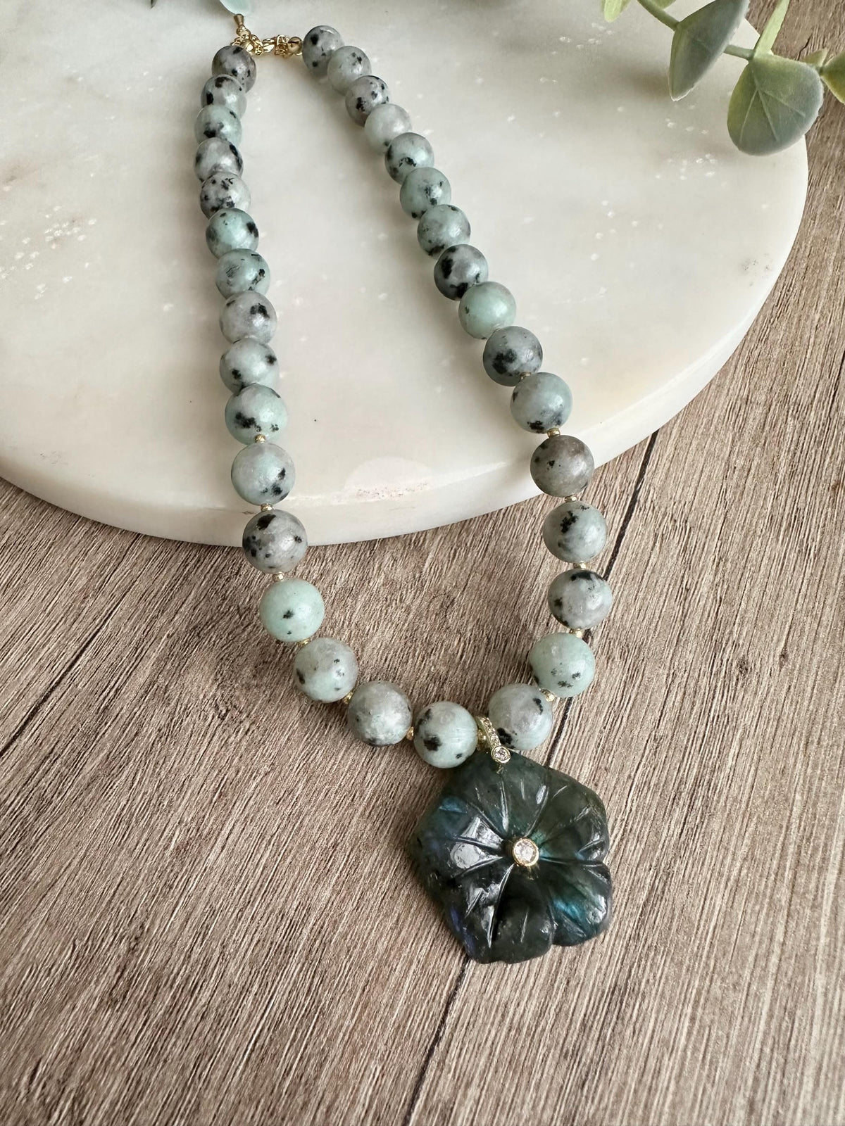 Kiwi Jasper Statement Necklace with Labradorite Flower Pendant, 10mm Green Gemstone Necklace, Gold Filled