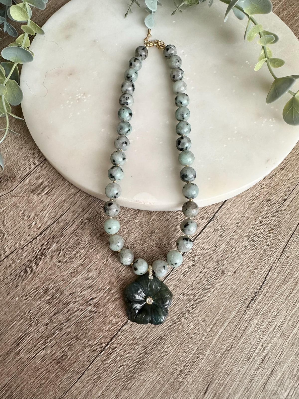 Kiwi Jasper Statement Necklace with Labradorite Flower Pendant, 10mm Green Gemstone Necklace, Gold Filled