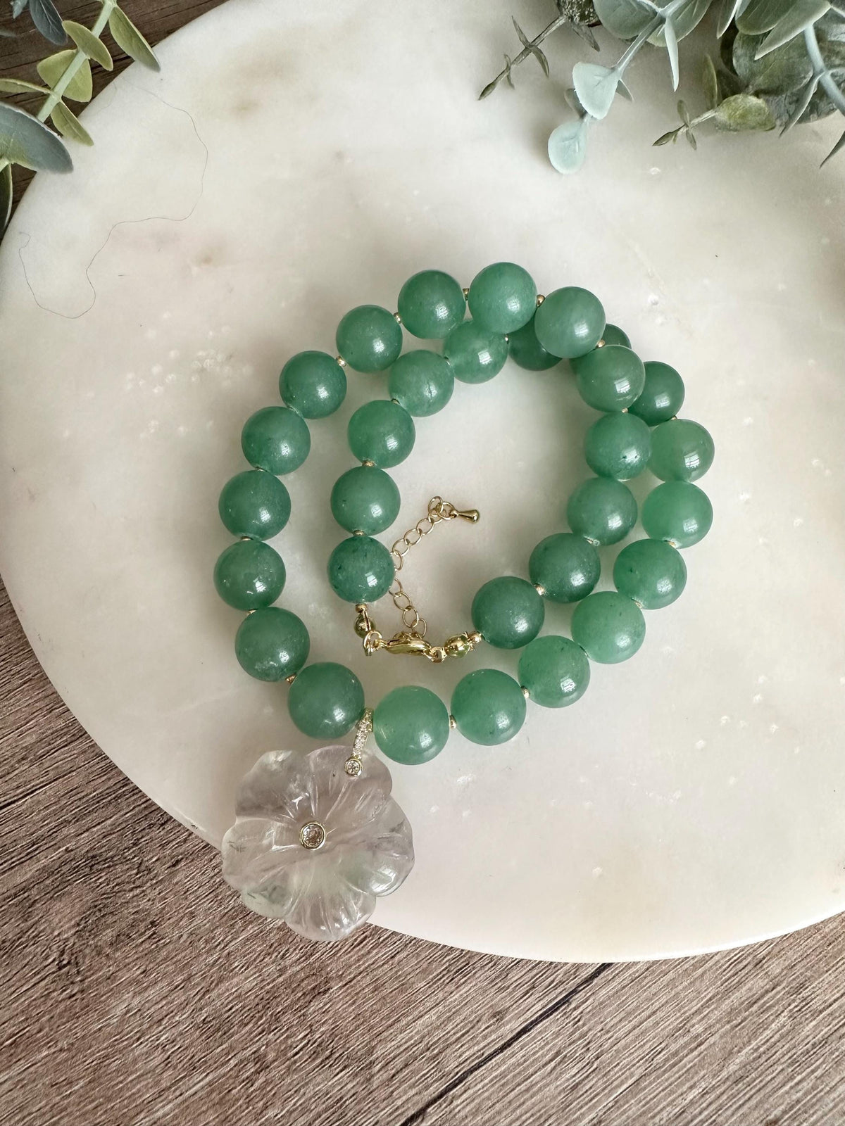 Green Aventurine Statement Necklace with Fluorite Flower Pendant, 12mm Green Gemstone Necklace, Gold Filled