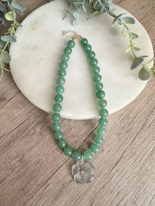 Green Aventurine Statement Necklace with Fluorite Flower Pendant, 12mm Green Gemstone Necklace, Gold Filled