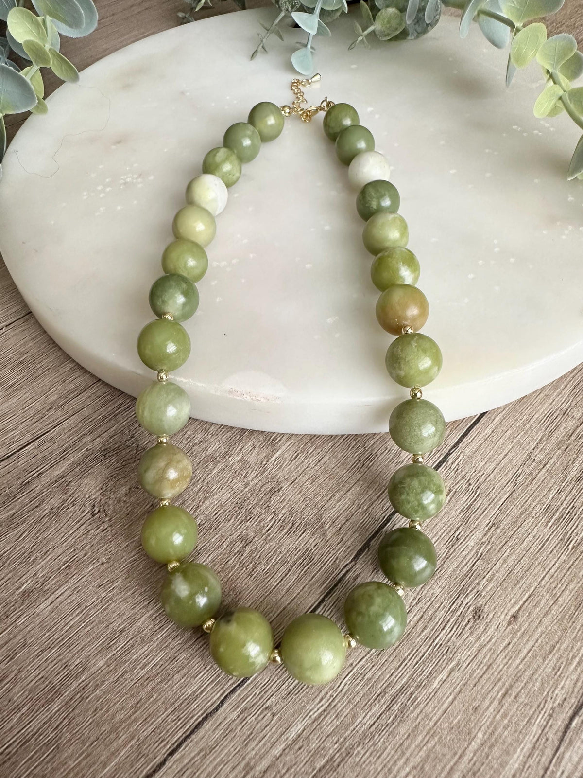 Natural Chinese Green Jade Necklace 12mm, Chunky Beaded Necklace,  Statement Jewelry
