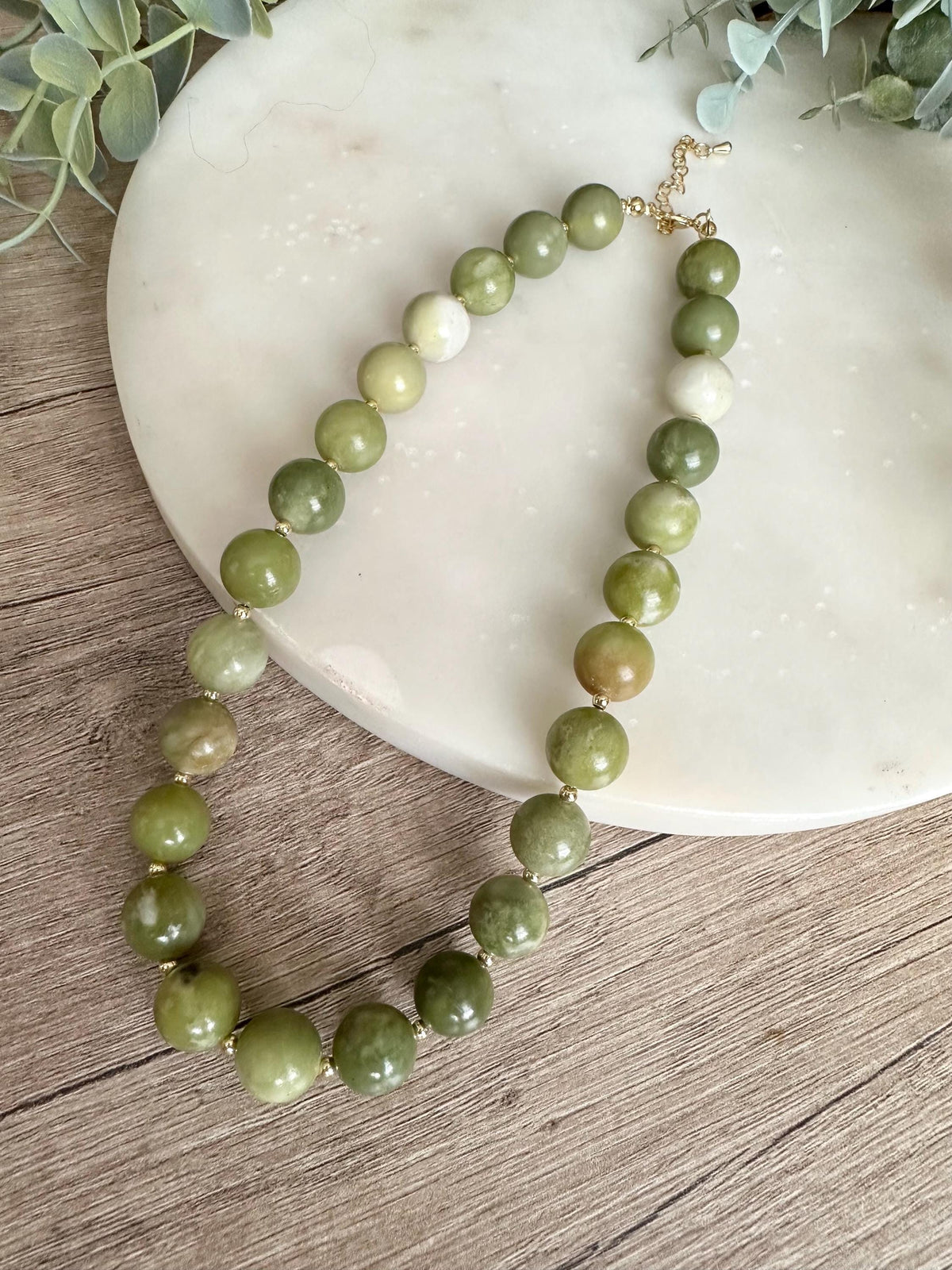 Natural Chinese Green Jade Necklace 12mm, Chunky Beaded Necklace,  Statement Jewelry