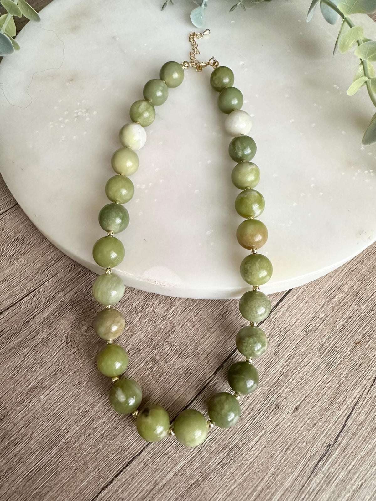 Natural Chinese Green Jade Necklace 12mm, Chunky Beaded Necklace,  Statement Jewelry