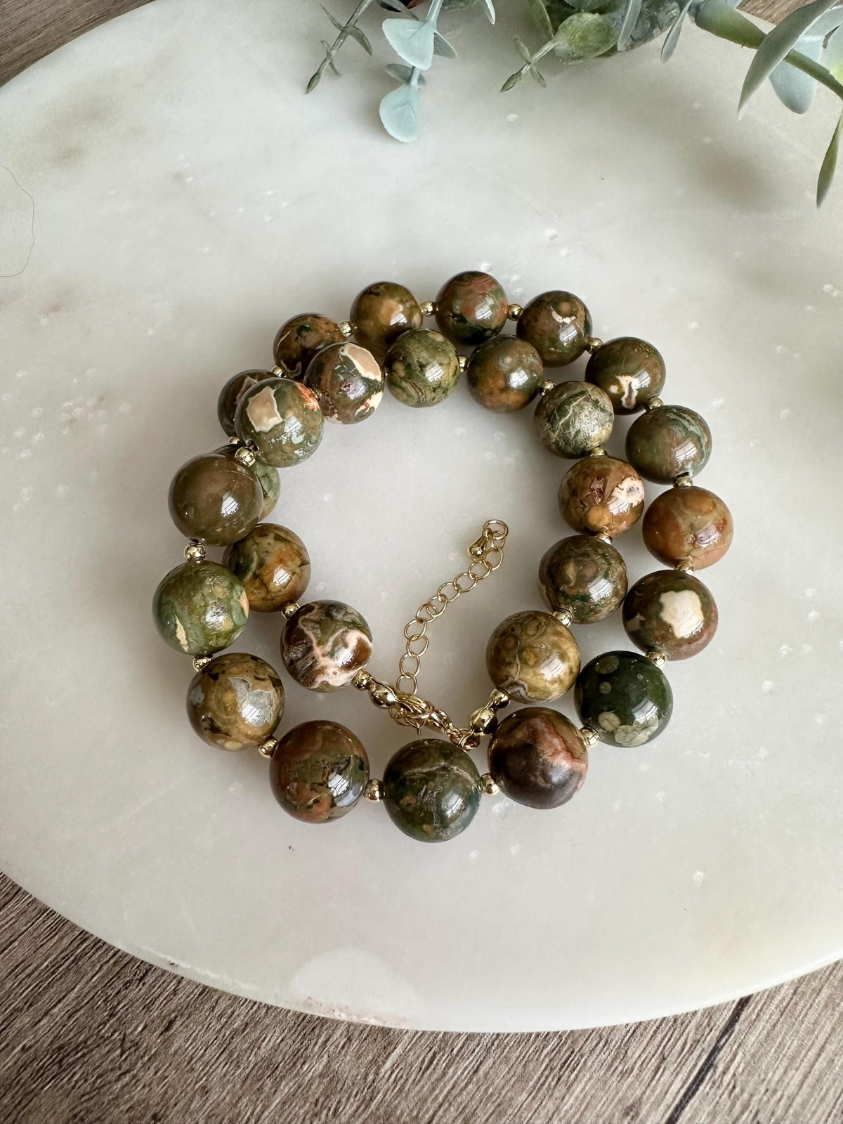 Rainforest Jasper Necklace (Rhyolite), 12mm Natural Gemstone Necklace, Green Brown Statement Necklace, Gold Filled