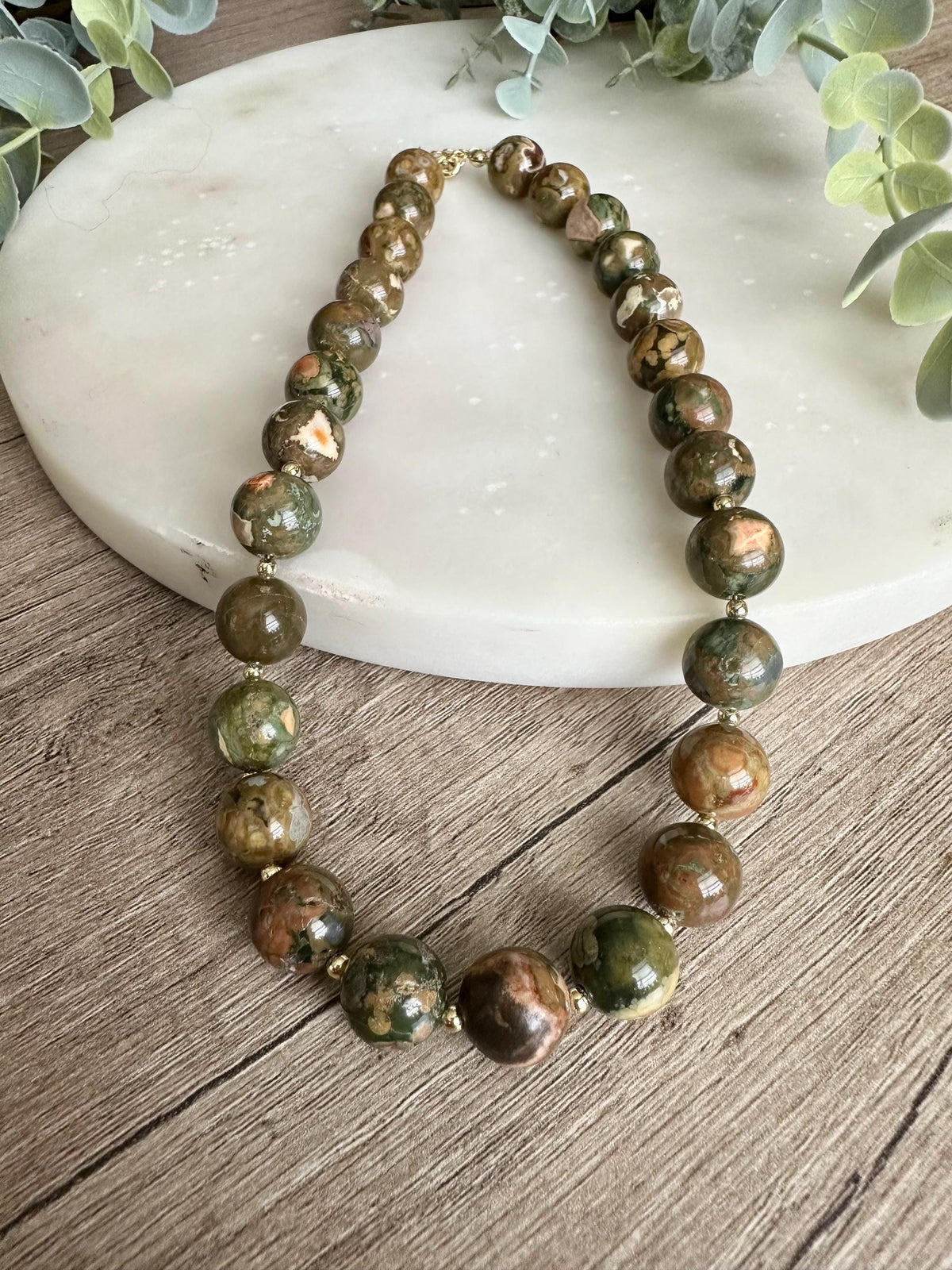 Rainforest Jasper Necklace (Rhyolite), 12mm Natural Gemstone Necklace, Green Brown Statement Necklace, Gold Filled