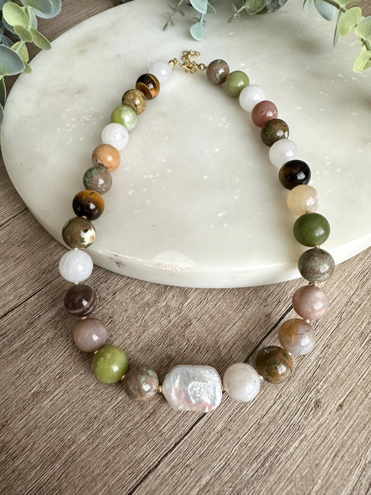 Mixed Gemstone Statement Necklace with Baroque Pearl, 12mm Natural Stone Necklace, One of a Kind Jewelry, Gold Filled
