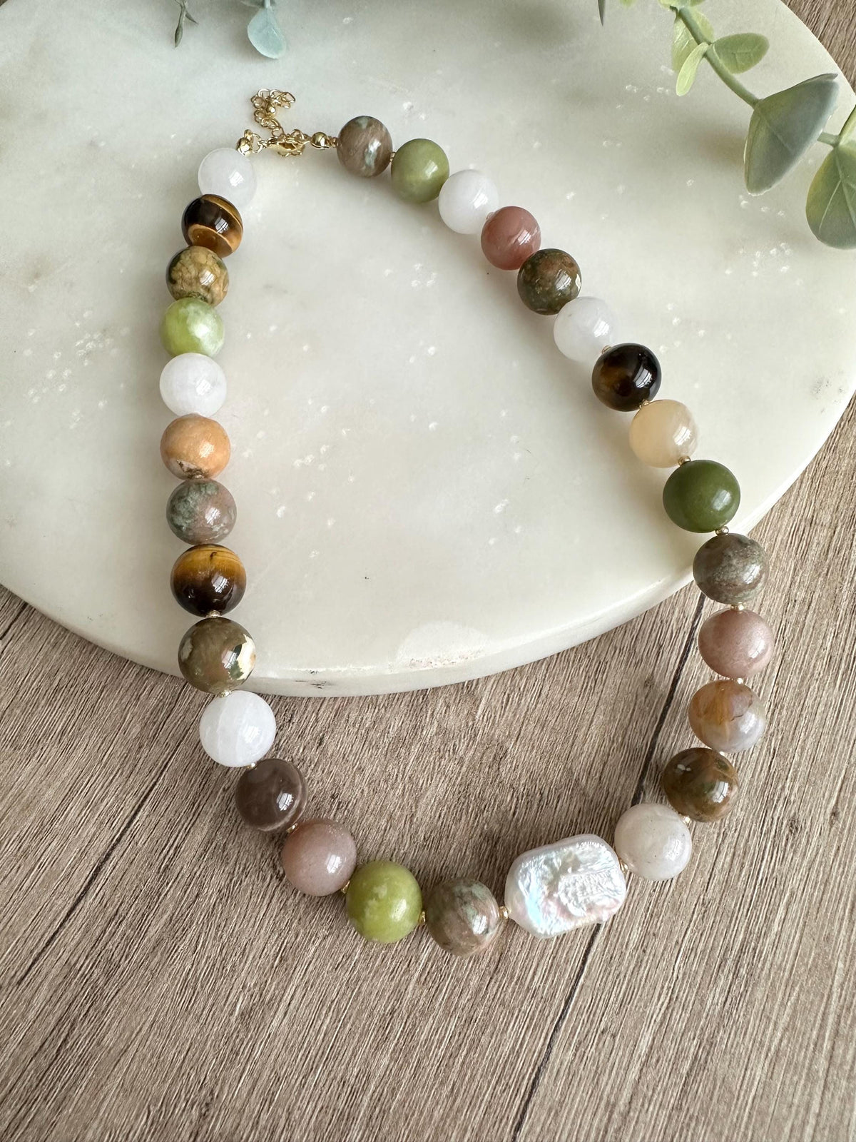 Mixed Gemstone Statement Necklace with Baroque Pearl, 12mm Natural Stone Necklace, One of a Kind Jewelry, Gold Filled