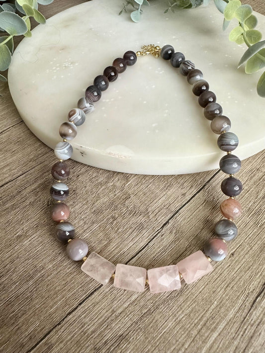 Botswana Agate Necklace with Rose Quartz Squares, 10mm Natural Gemstone Necklace, Grey Pink Statement Necklace, Gold Filled