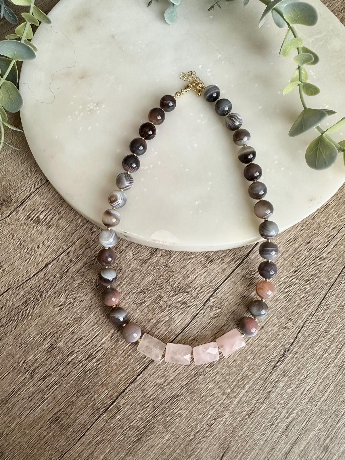 Botswana Agate Necklace with Rose Quartz Squares, 10mm Natural Gemstone Necklace, Grey Pink Statement Necklace, Gold Filled