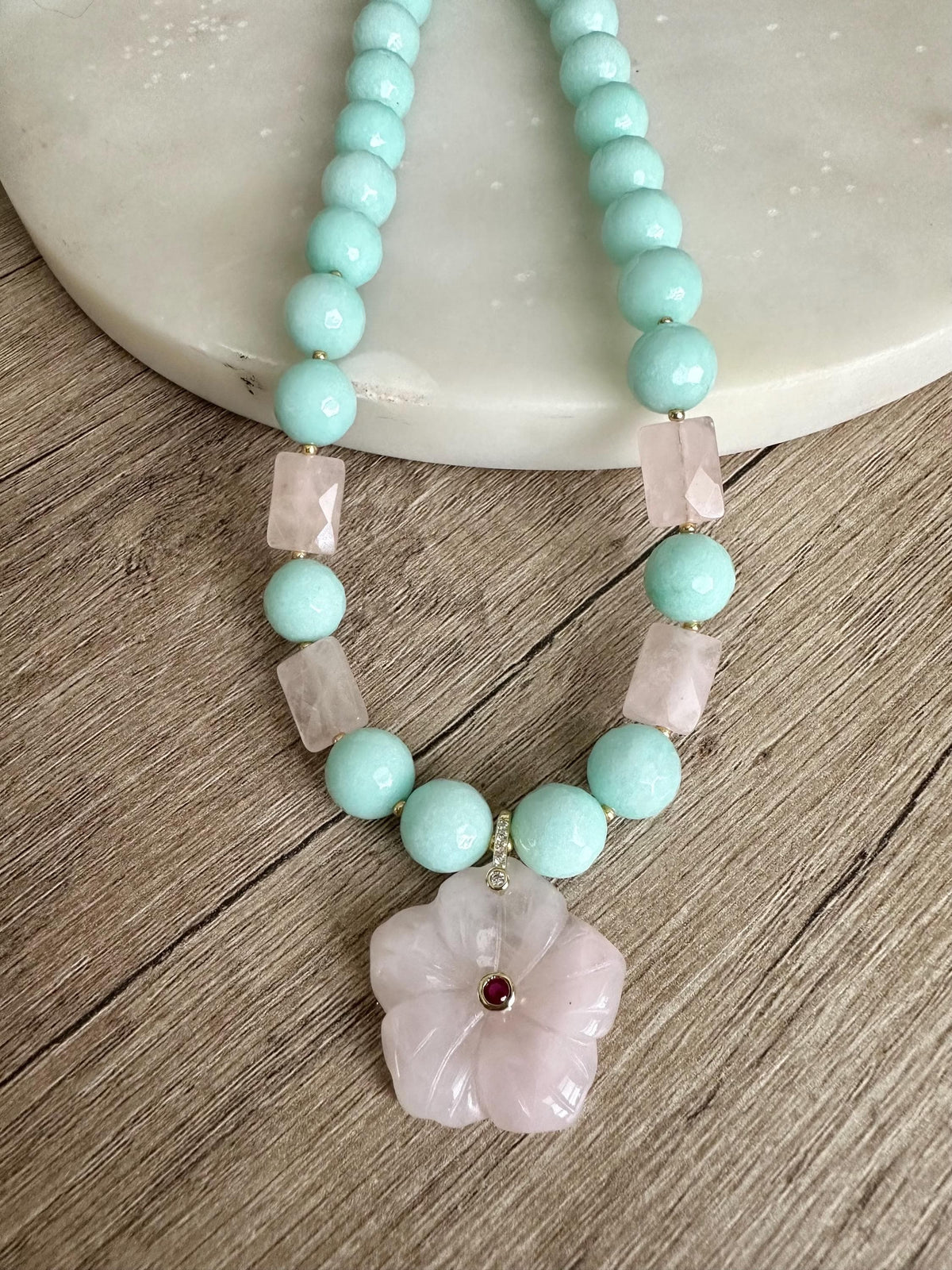 Mint Green Jade with Rose Quartz Statement Necklace with Rose Quartz Flower Pendant, 12 mm Green and Pink Necklace