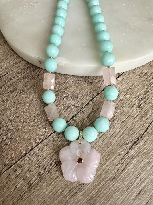 Mint Green Jade with Rose Quartz Statement Necklace with Rose Quartz Flower Pendant, 12 mm Green and Pink Necklace