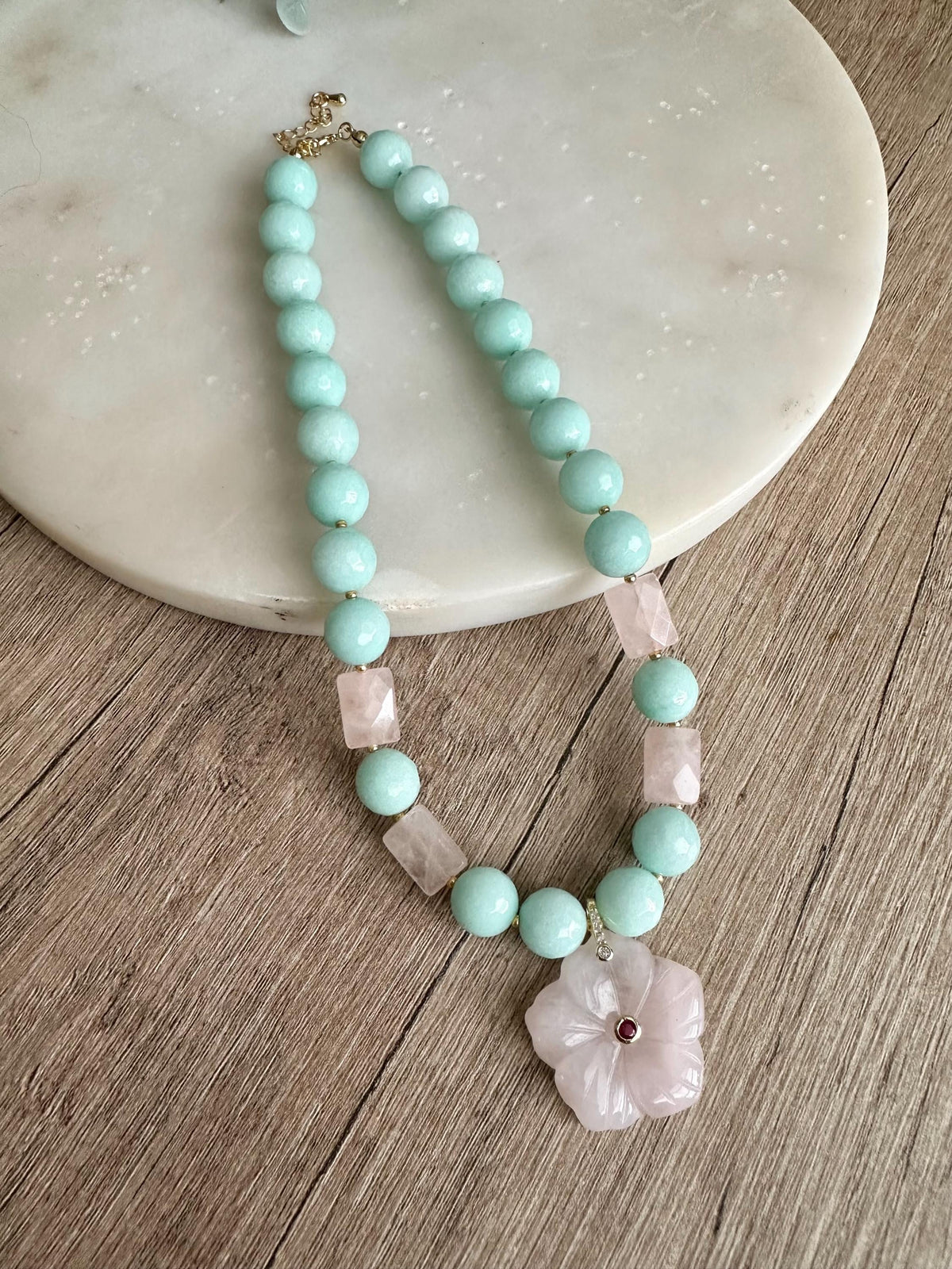 Mint Green Jade with Rose Quartz Statement Necklace with Rose Quartz Flower Pendant, 12 mm Green and Pink Necklace