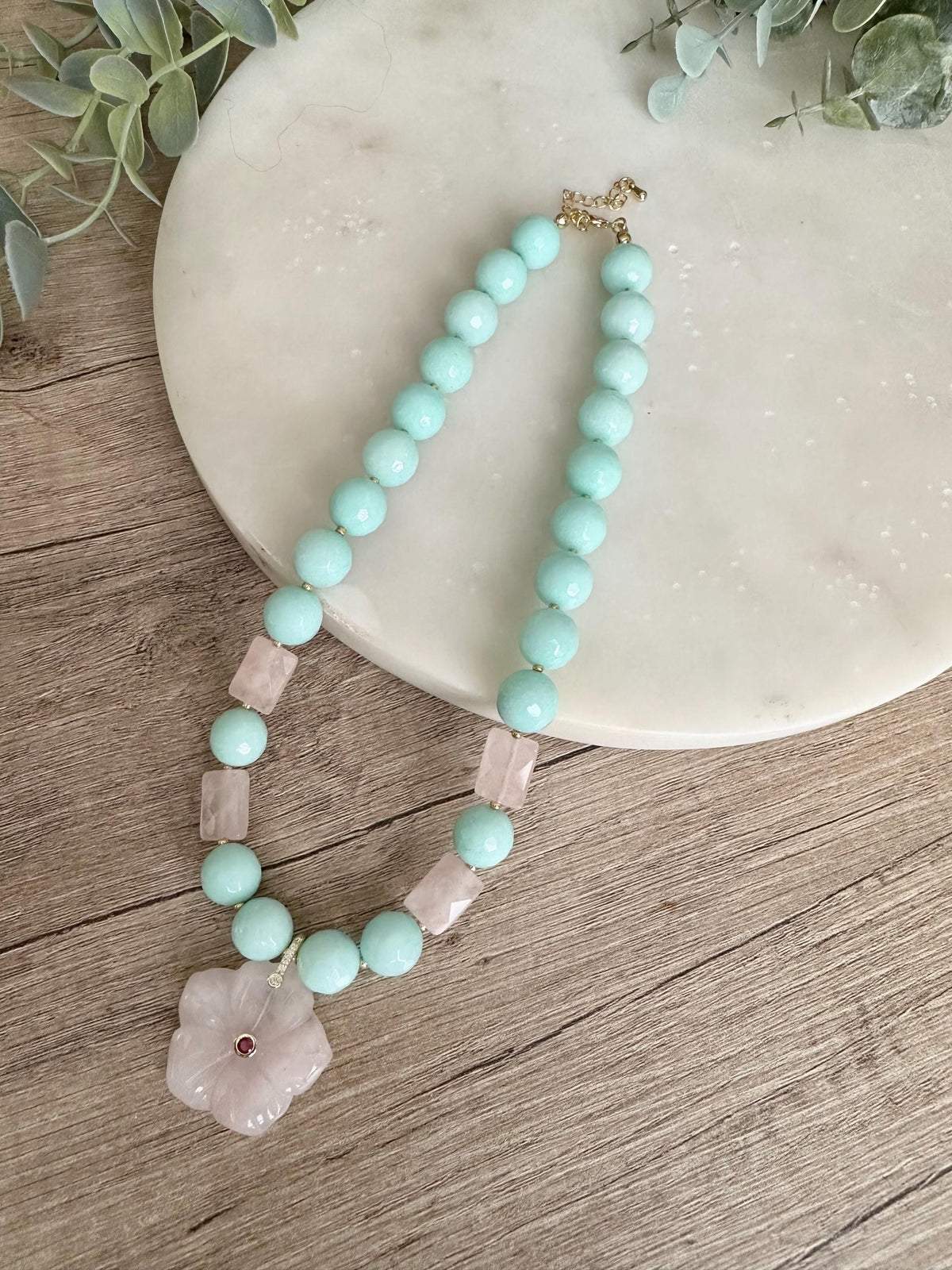 Mint Green Jade with Rose Quartz Statement Necklace with Rose Quartz Flower Pendant, 12 mm Green and Pink Necklace