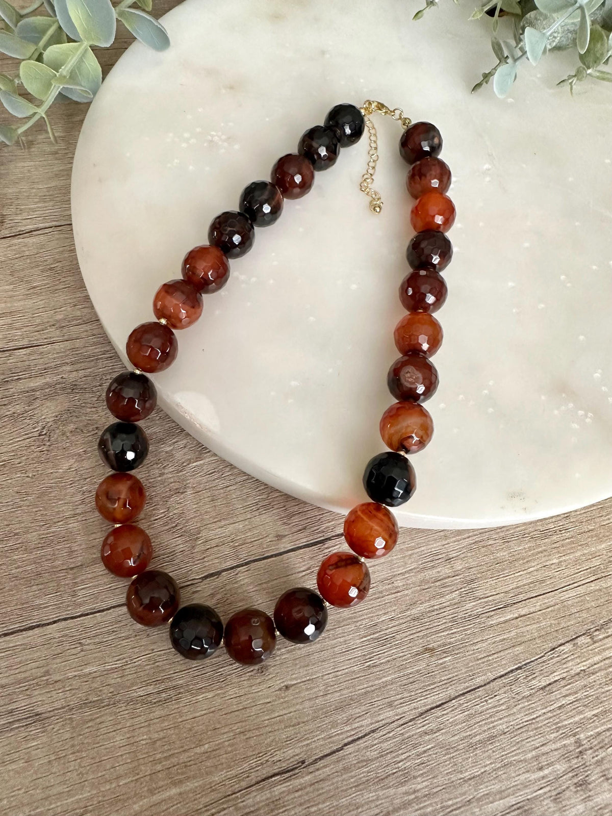 Burnt Caramel Lace Agate Necklace 14mm Faceted Beads, Statement Gemstone Necklace, Gold Filled, Earth Tone Jewelry