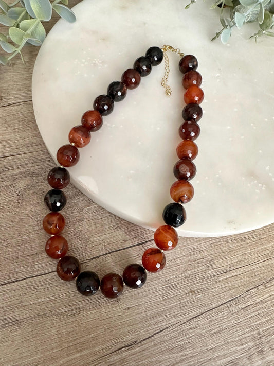 Burnt Caramel Lace Agate Necklace 14mm Faceted Beads, Statement Gemstone Necklace, Gold Filled, Earth Tone Jewelry