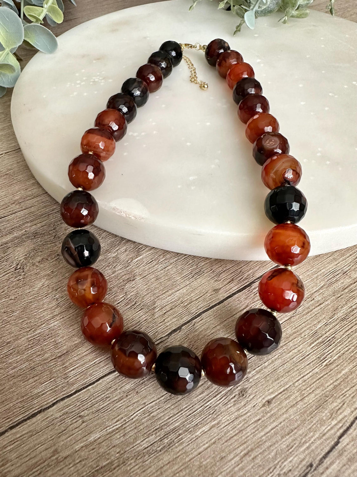 Burnt Caramel Lace Agate Necklace 14mm Faceted Beads, Statement Gemstone Necklace, Gold Filled, Earth Tone Jewelry