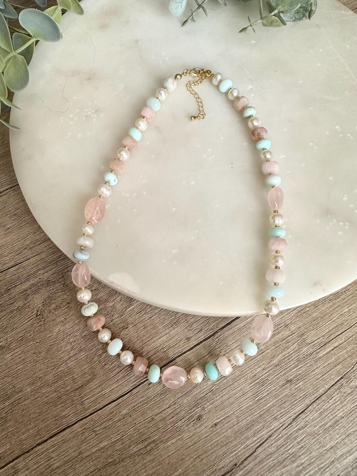 Mixed Gemstone Necklace Opal Rose Quartz Pearl, Pastel Beaded Necklace, Aqua Pink Jewelry, Gold Filled, Delicate Layering Necklace