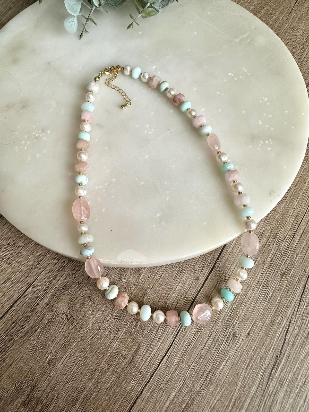 Mixed Gemstone Necklace Opal Rose Quartz Pearl, Pastel Beaded Necklace, Aqua Pink Jewelry, Gold Filled, Delicate Layering Necklace