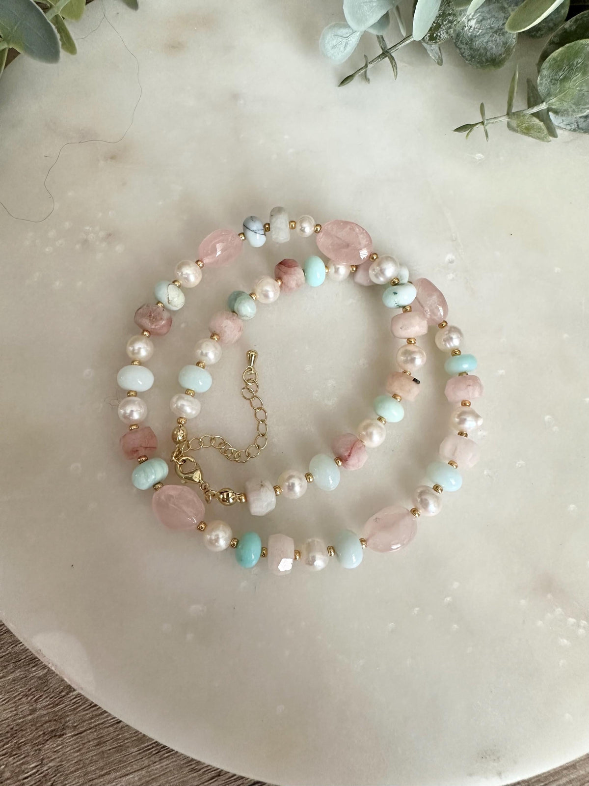Mixed Gemstone Necklace Opal Rose Quartz Pearl, Pastel Beaded Necklace, Aqua Pink Jewelry, Gold Filled, Delicate Layering Necklace