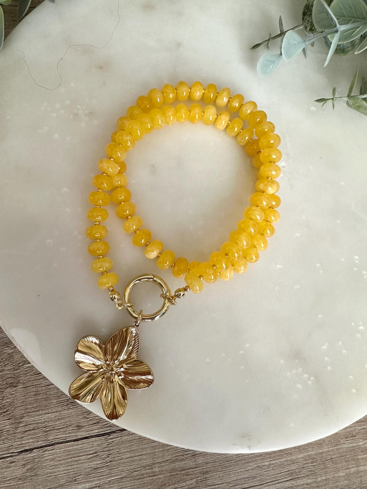Yellow Jade Flower Pendant Necklace, 18” Beaded Statement Necklace, Gold Filled