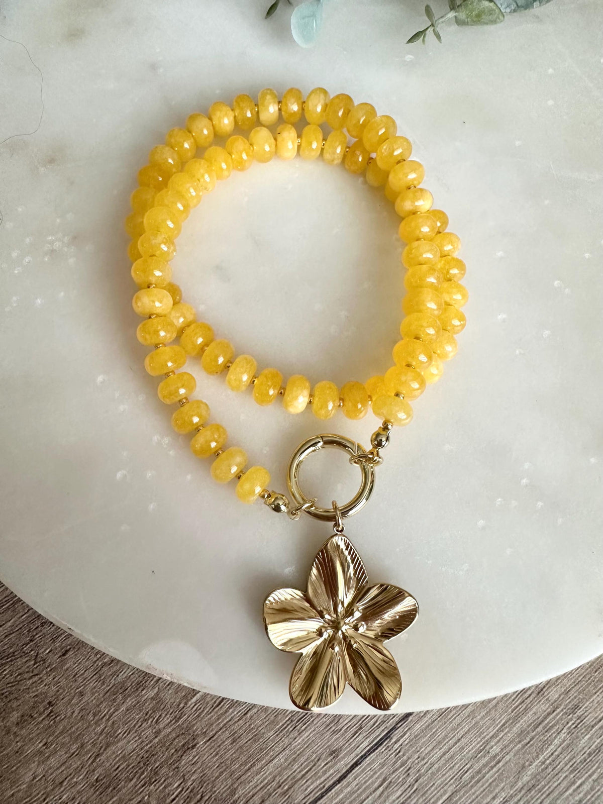 Yellow Jade Flower Pendant Necklace, 18” Beaded Statement Necklace, Gold Filled