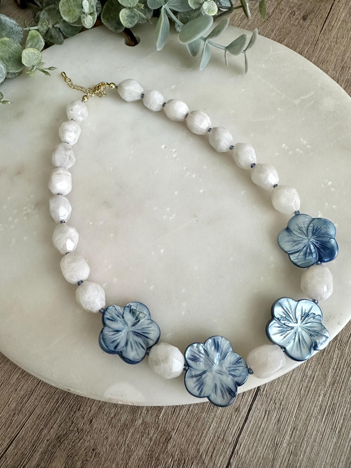 Moonstone & Blue Flower Necklace, Beaded Statement Necklace