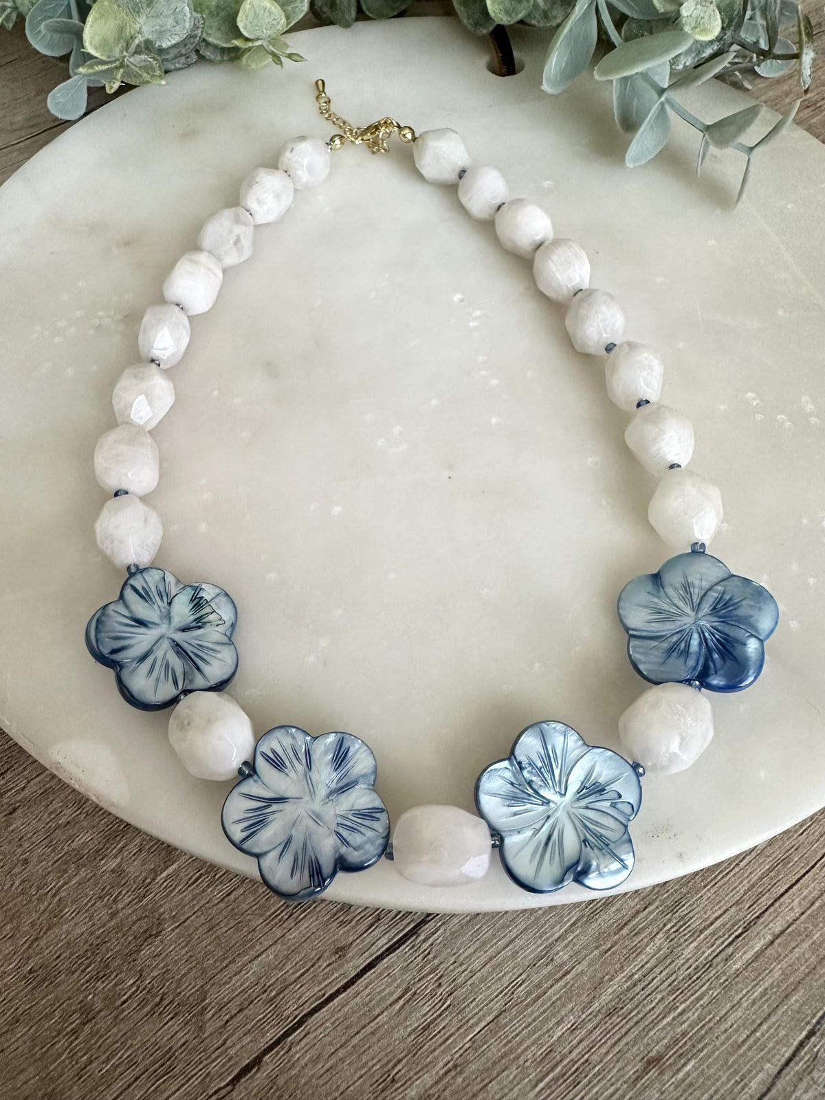 Moonstone & Blue Flower Necklace, Beaded Statement Necklace