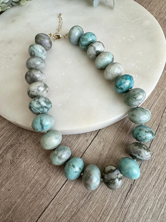 Chunky Jasper Necklace, 20mm Marbled Gemstone Beads, Gold Filled Clasp