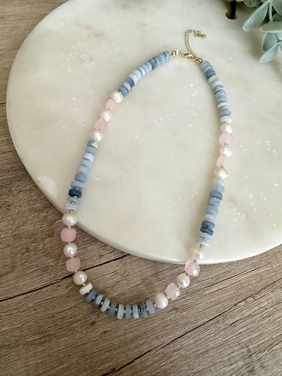 Blue Opal Heishi Freshwater Pearl Pink Jade Beaded Necklace, Gold Filled Layering Jewelry