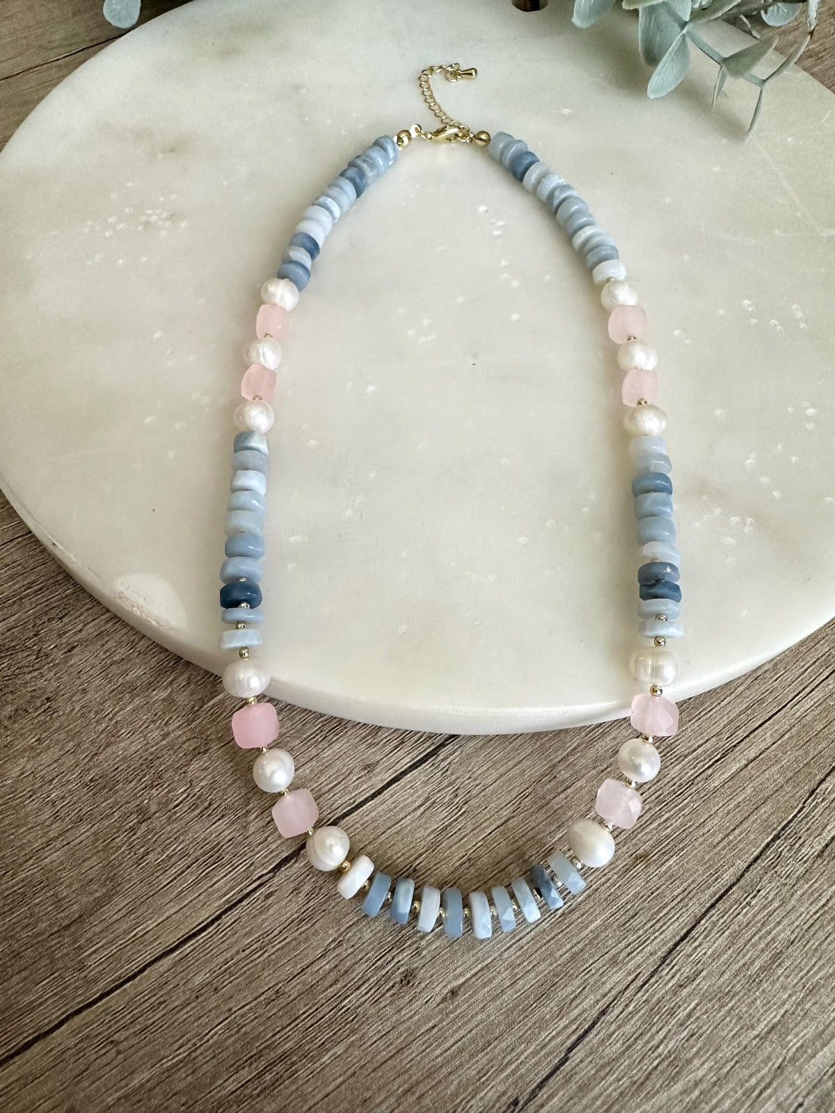 Blue Opal Heishi Freshwater Pearl Pink Jade Beaded Necklace, Gold Filled Layering Jewelry