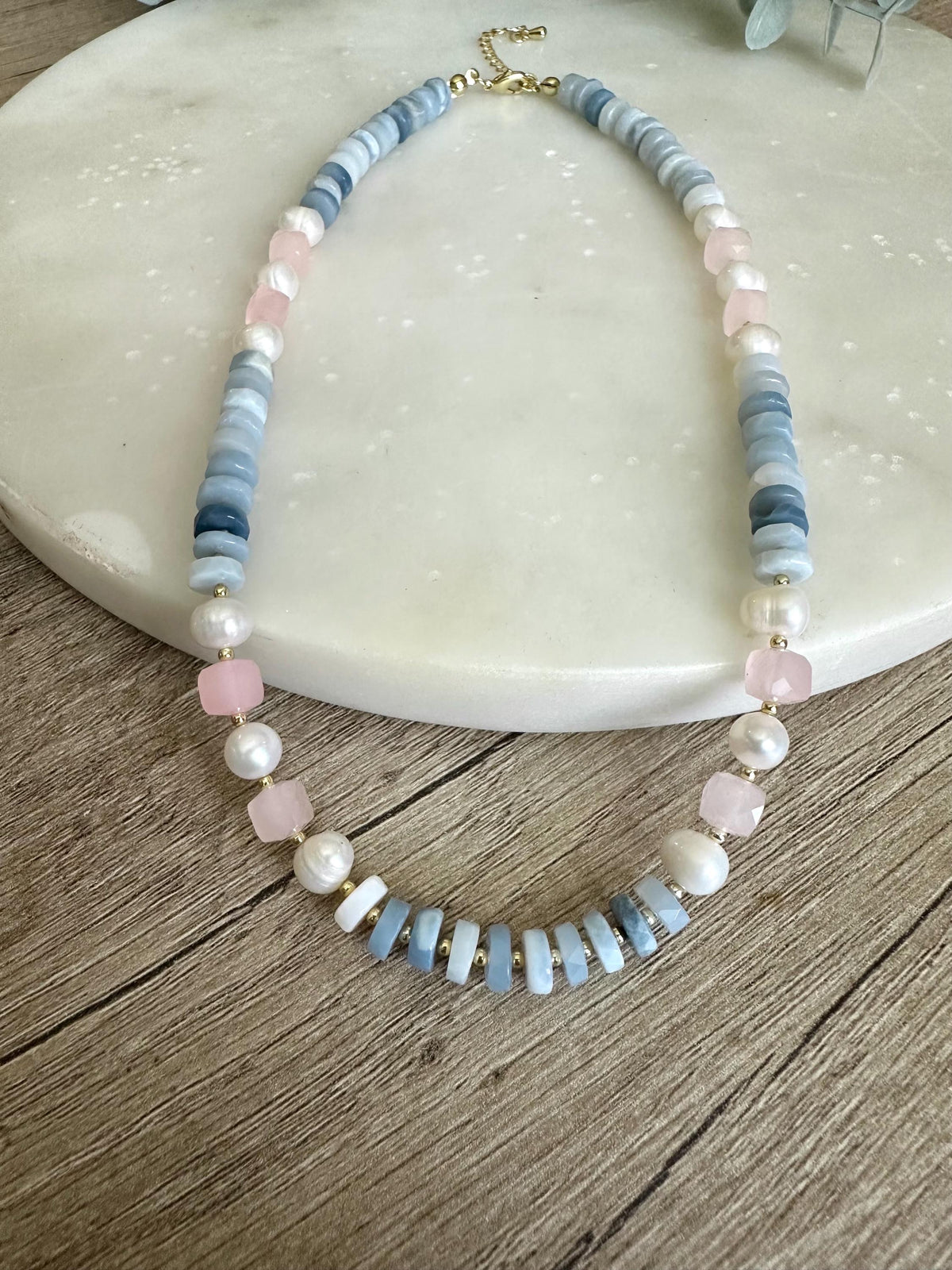 Blue Opal Heishi Freshwater Pearl Pink Jade Beaded Necklace, Gold Filled Layering Jewelry